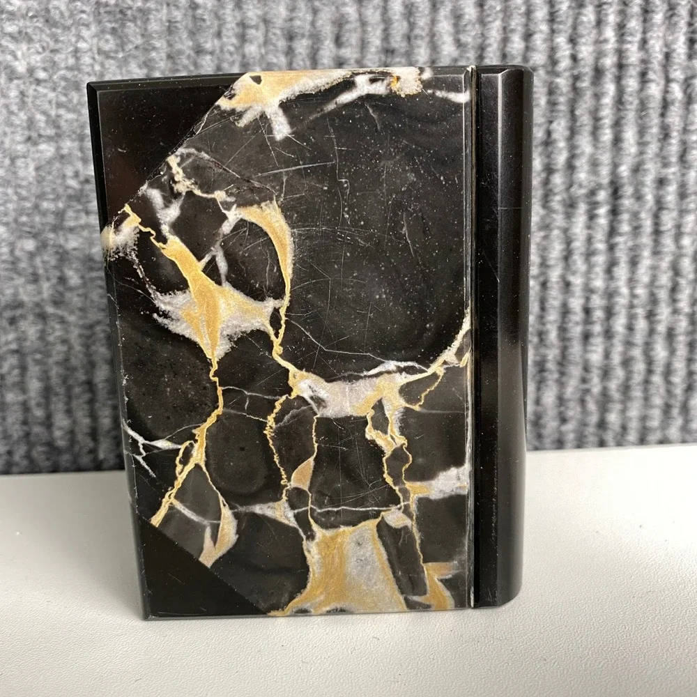 Vintage Marble Book Desk Clock Black Gold Veined Quartz Roman Numeral Office